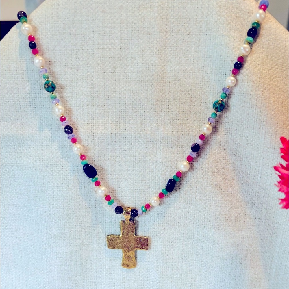 28” beaded necklace with gold hammered cross